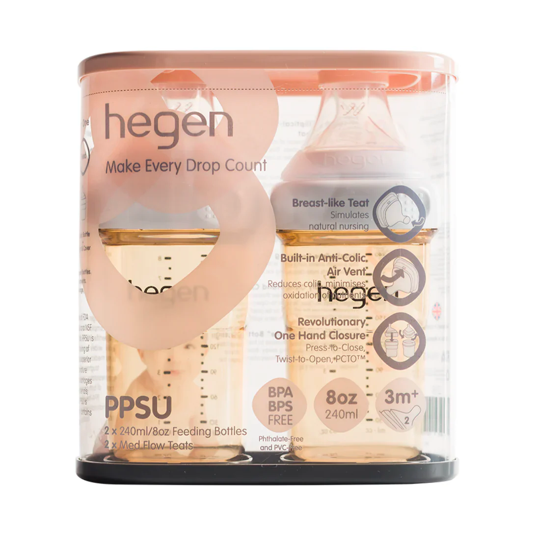 Hegen PCTO™ 240ml Feeding Bottle PPSU with Slow Flow Teat,3 to 6 Months(2 pack)