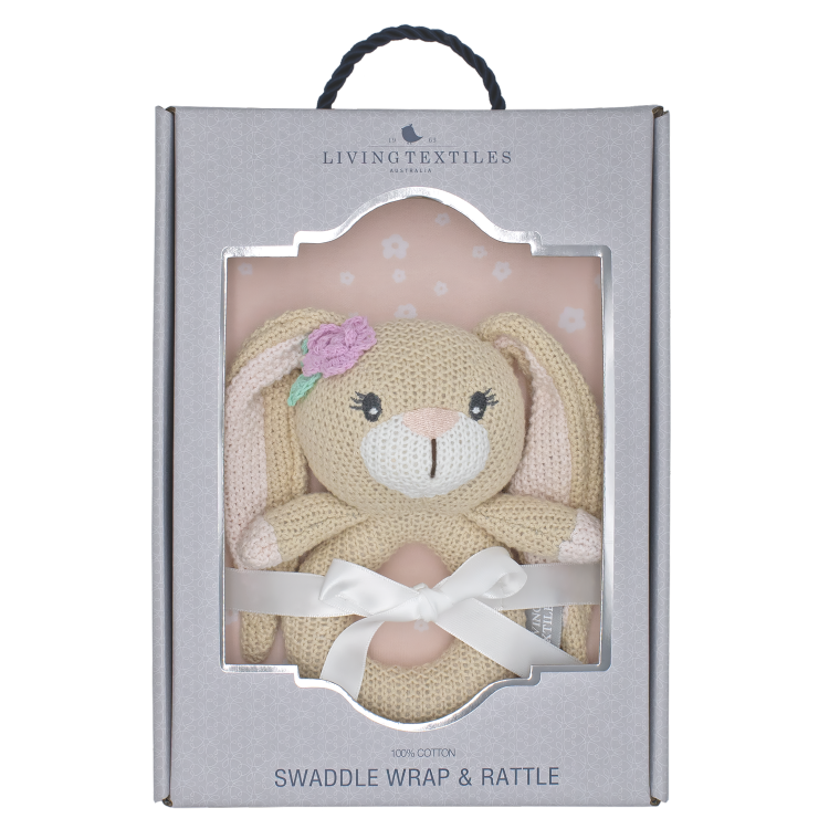 LIVING TEXTILES JERSEY SWADDLE & RATTLE GIFT SET - FLORAL/BUNNY