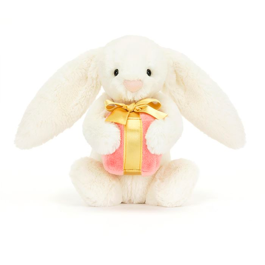 JELLYCAT BASHFUL BUNNY WITH PRESENT LITTLE CREAM 8X9X18CM