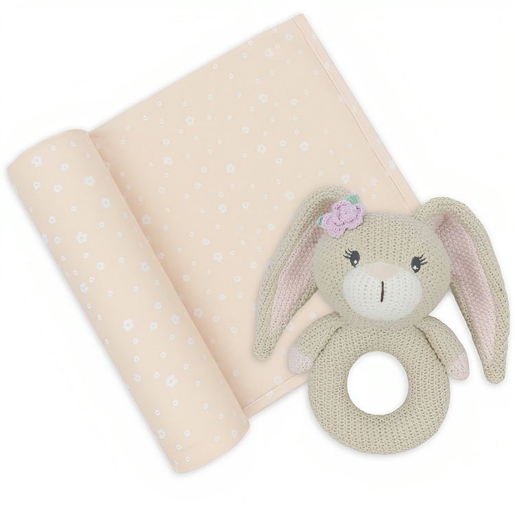 LIVING TEXTILES JERSEY SWADDLE & RATTLE GIFT SET - FLORAL/BUNNY