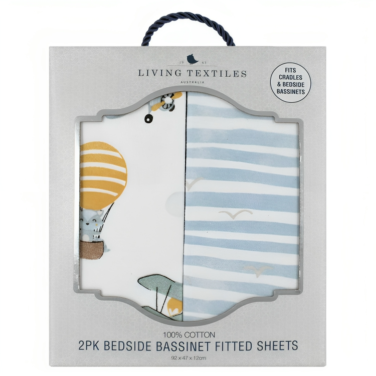 LIVING TEXTILES WATERCOLOUR ROUND/OVAL COT FITTED SHEETS 2PK UP UP & AWAY/STRIPES