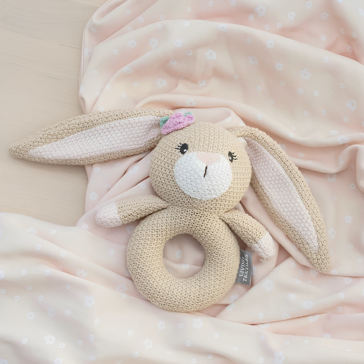 LIVING TEXTILES JERSEY SWADDLE & RATTLE GIFT SET - FLORAL/BUNNY