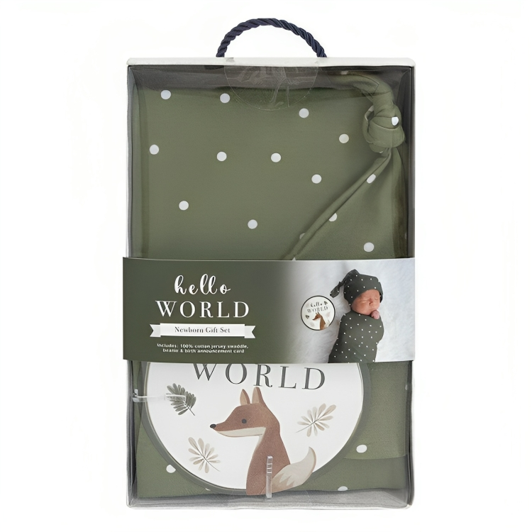 LIVING TEXTILES HELLO WORLD GIFT SET - OLIVE SPOTS