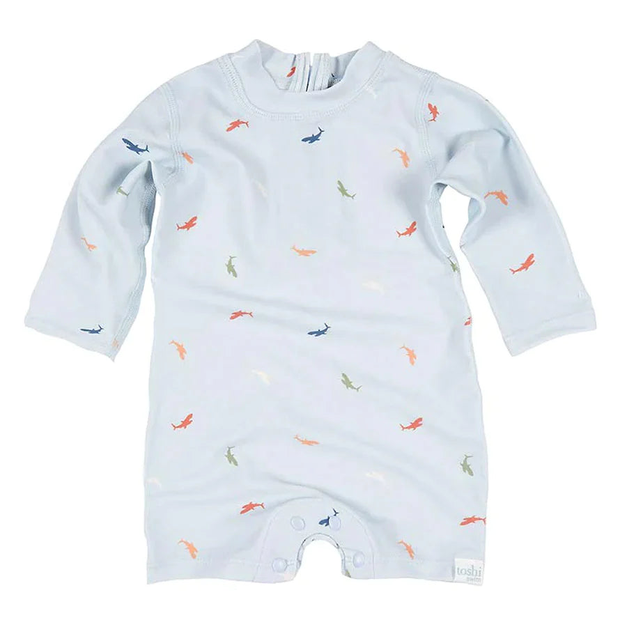 TOSHI SWIM BABY ONESIE LONG SLEEVE CLASSIC SHARKS